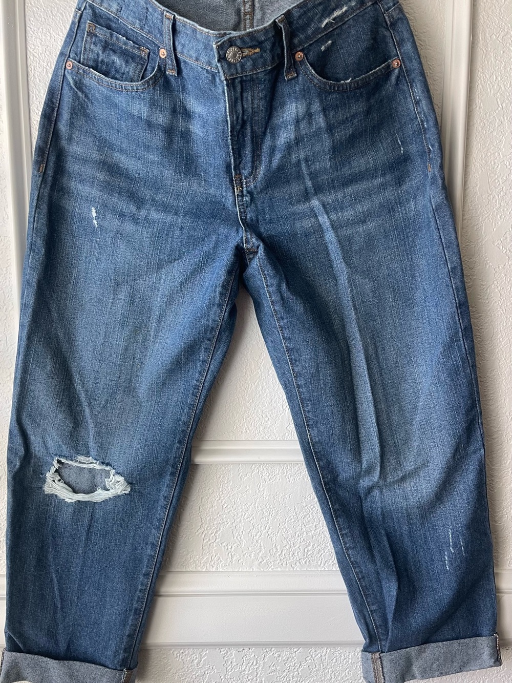 Express Women's Boyfriend Mid Rise Jeans - Distressed Medium Blue